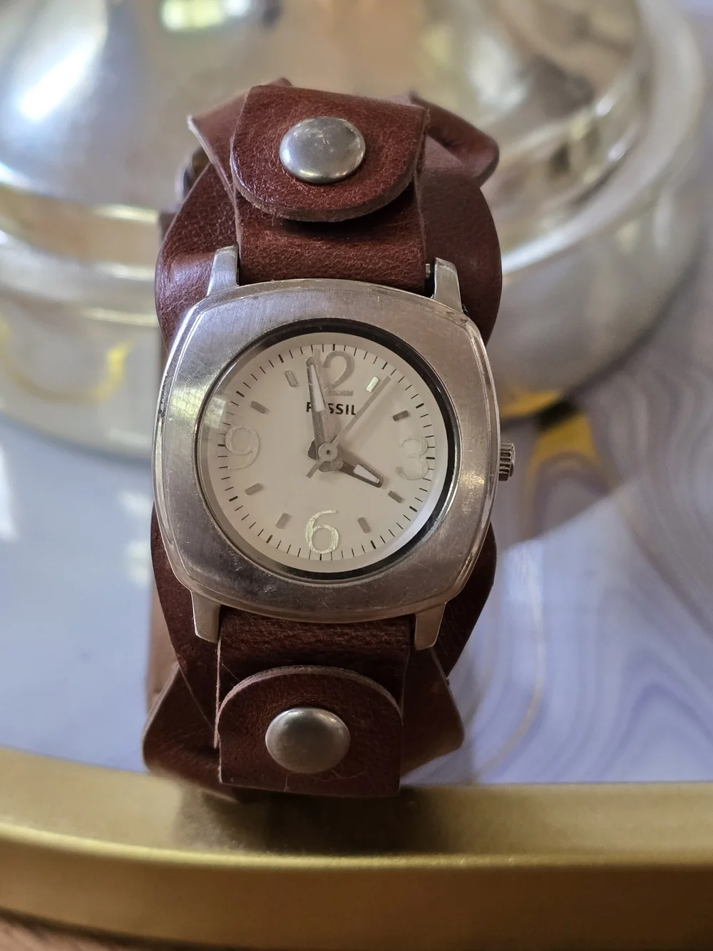 Fossil Brown Leather Cuff Watch with Silver Case and White Dial